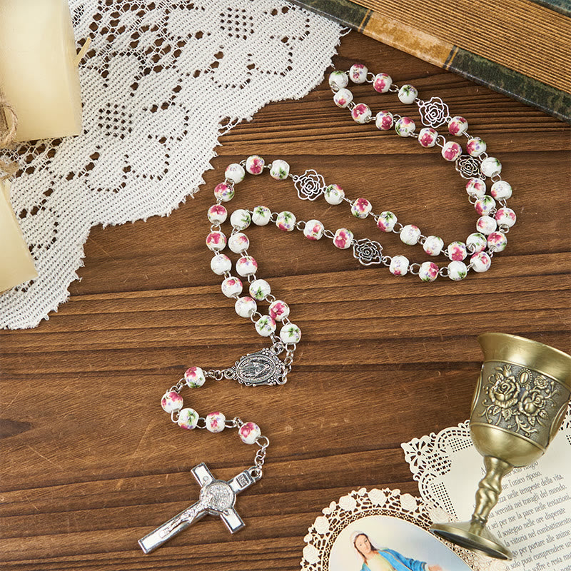 Miraculous Medal & Crucifix of 8mm Pink Floral Ceramics Beads Prayer Rosary