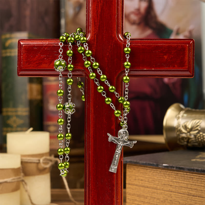 St. Benedict Medal & Trinity Cross of 6mm Green Floral Ball Prayer Beads Rosary