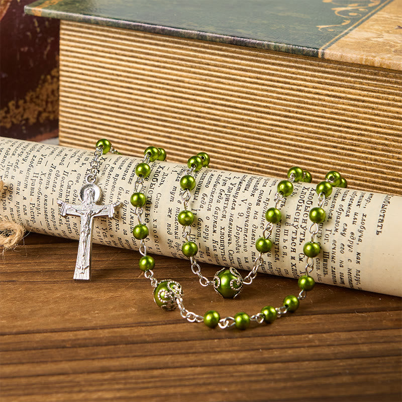 St. Benedict Medal & Trinity Cross of 6mm Green Floral Ball Prayer Beads Rosary