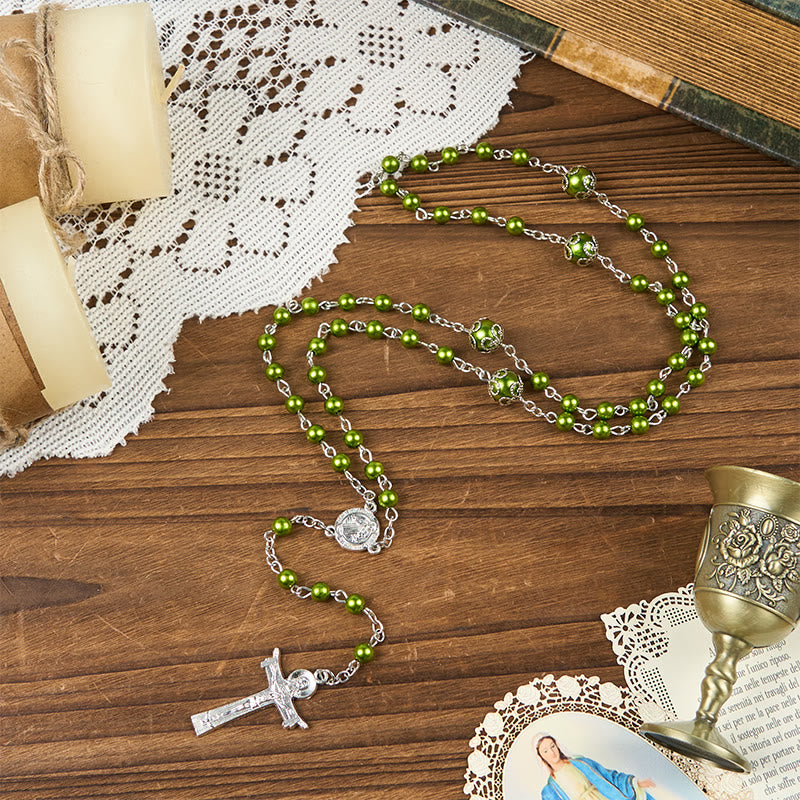 St. Benedict Medal & Trinity Cross of 6mm Green Floral Ball Prayer Beads Rosary