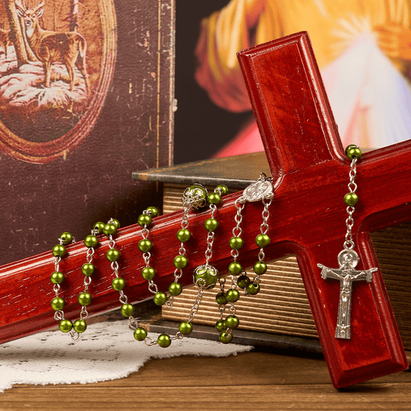 St. Benedict Medal & Trinity Cross of 6mm Green Floral Ball Prayer Beads Rosary