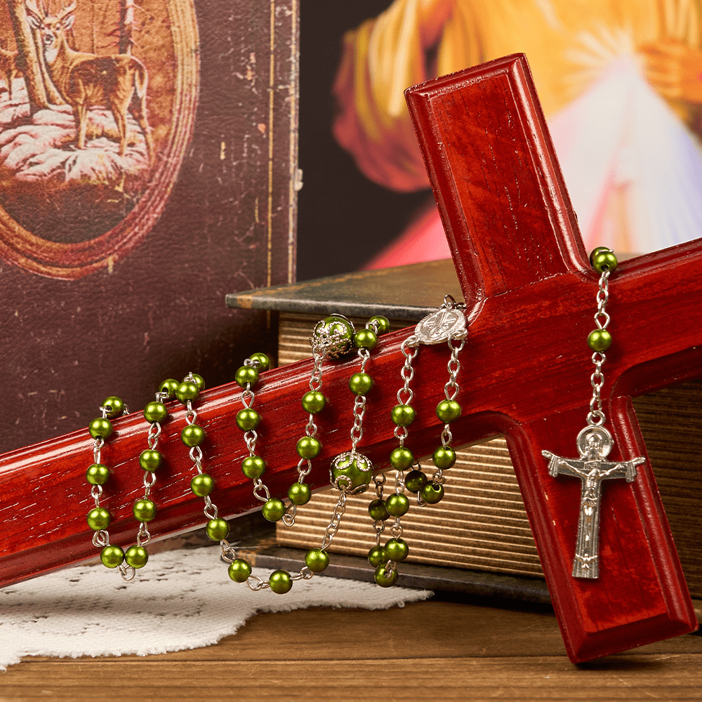 St. Benedict Medal & Trinity Cross of 6mm Green Floral Ball Prayer Beads Rosary