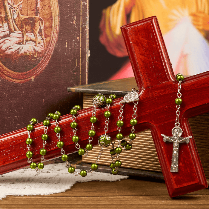 St. Benedict Medal & Trinity Cross of 6mm Green Floral Ball Prayer Beads Rosary