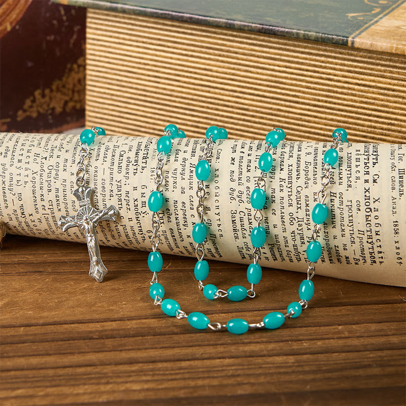 Holy Gail & Crucifix of 6mm Aqua Blue Crystal Prayer Beads Rosary