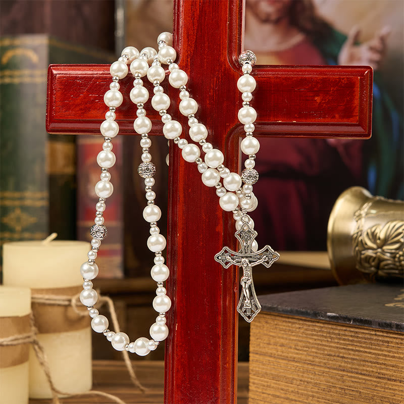 Miraculous Medal & Crucifix of 4mm White Pearl Ball Prayer Beads Rosary