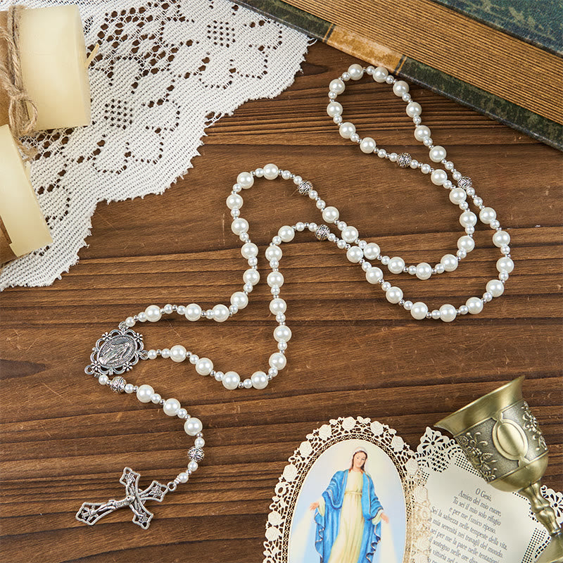 Miraculous Medal & Crucifix of 4mm White Pearl Ball Prayer Beads Rosary