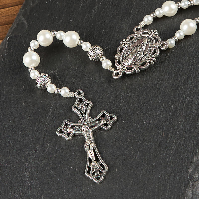 Miraculous Medal & Crucifix of 4mm White Pearl Ball Prayer Beads Rosary