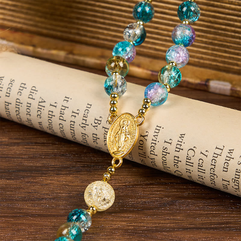 Miraculous Medal & Celtic Cross of 8 mm Round Multicolor Glass Alloy Chain Rosary