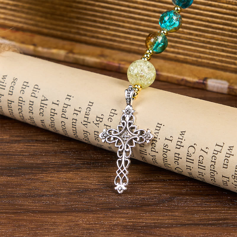 Miraculous Medal & Celtic Cross of 8 mm Round Multicolor Glass Alloy Chain Rosary
