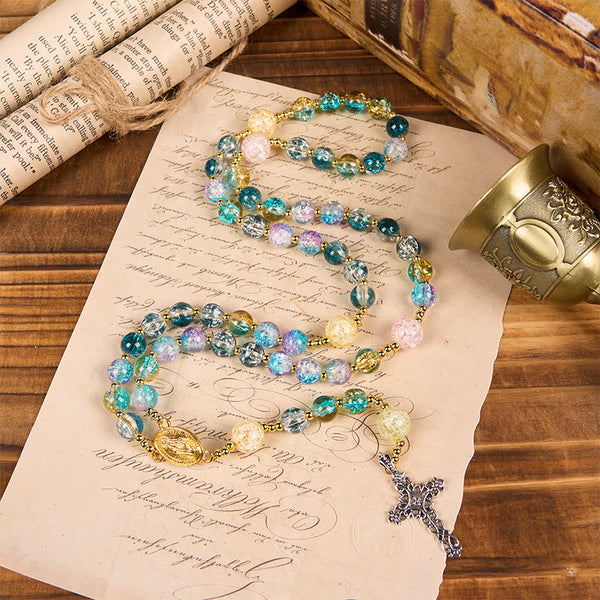 Miraculous Medal & Celtic Cross of 8 mm Round Multicolor Glass Alloy Chain Rosary
