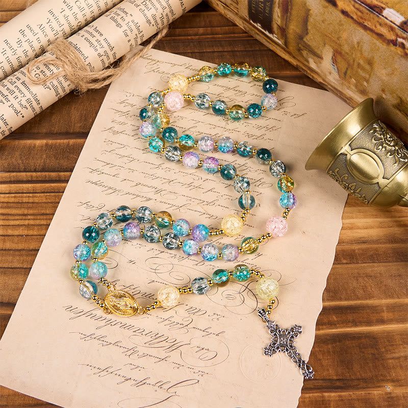 Miraculous Medal & Celtic Cross of 8 mm Round Multicolor Glass Alloy Chain Rosary
