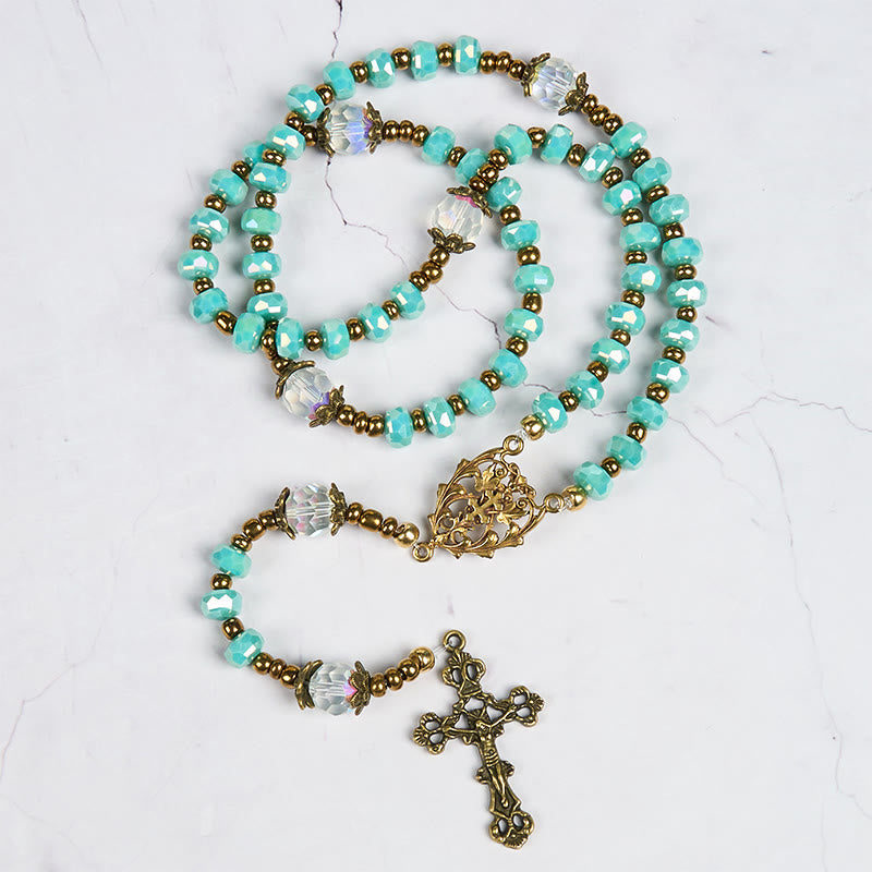 Lorraine Cross & Crucifix of 8 mm Rondelle Aquamarine Stone Nylon Cord Rosary