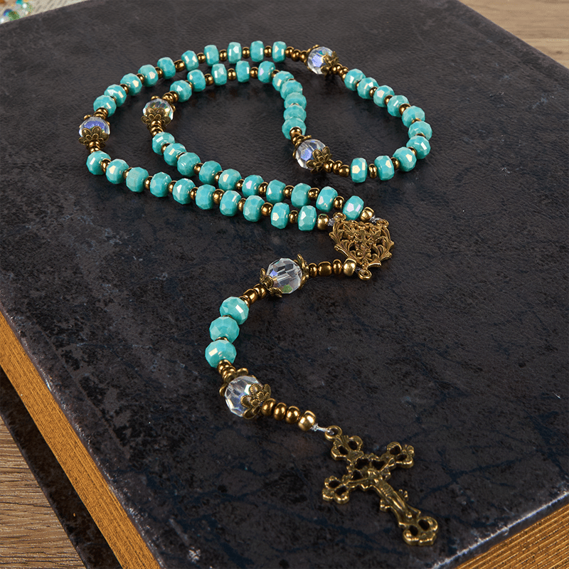 Lorraine Cross & Crucifix of 8 mm Rondelle Aquamarine Stone Nylon Cord Rosary