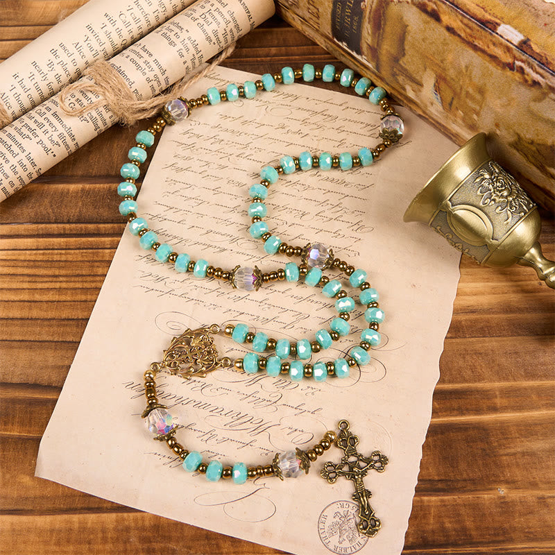 Lorraine Cross & Crucifix of 8 mm Rondelle Aquamarine Stone Nylon Cord Rosary
