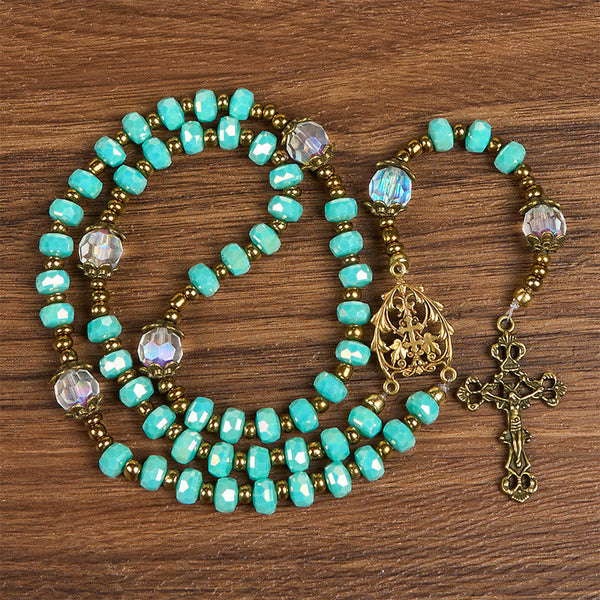 Lorraine Cross & Crucifix of 8 mm Rondelle Aquamarine Stone Nylon Cord Rosary