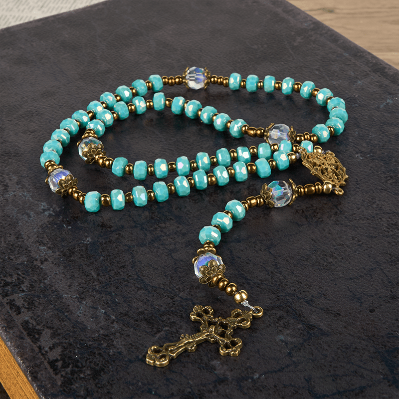 Lorraine Cross & Crucifix of 8 mm Rondelle Aquamarine Stone Nylon Cord Rosary