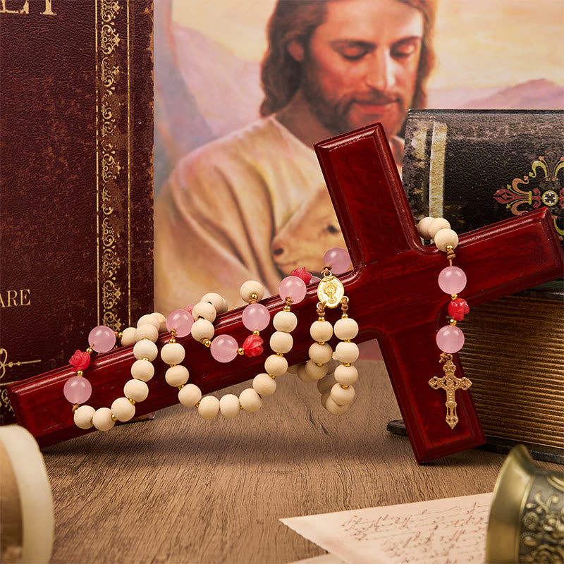 Miraculous Medal & Crucifix of 10mm Natural Wood Prayer Beads Handmade Rosary
