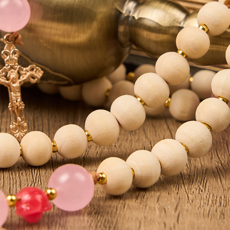 Miraculous Medal & Crucifix of 10mm Natural Wood Prayer Beads Handmade Rosary