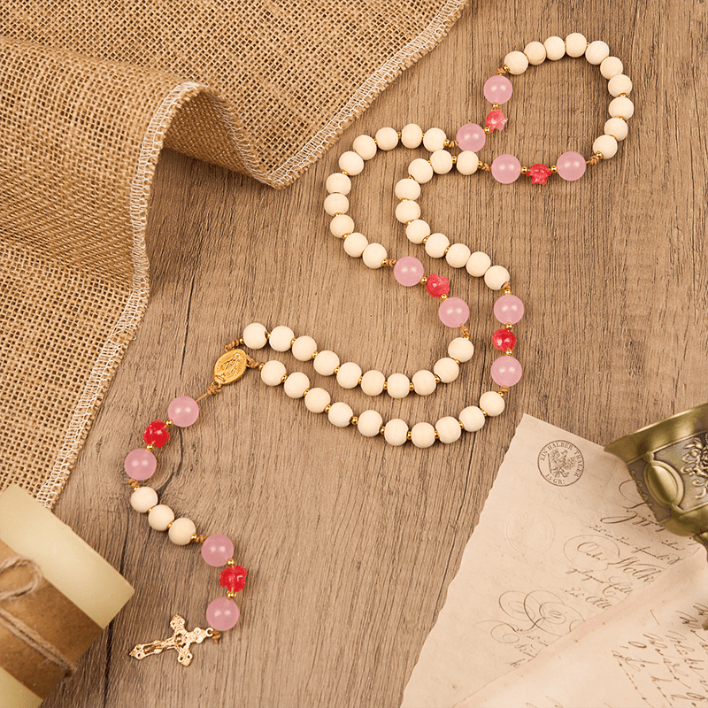 Miraculous Medal & Crucifix of 10mm Natural Wood Prayer Beads Handmade Rosary
