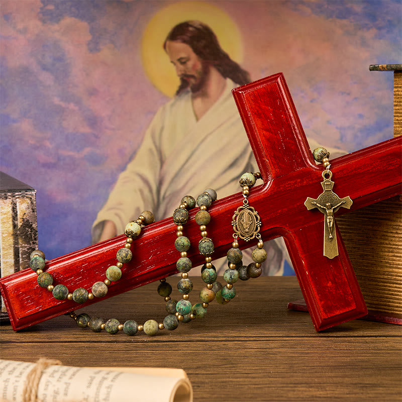 Retro Style Miraculous Medal & Crucifix of 8mm Matte African Turquoise Handmade Rosary