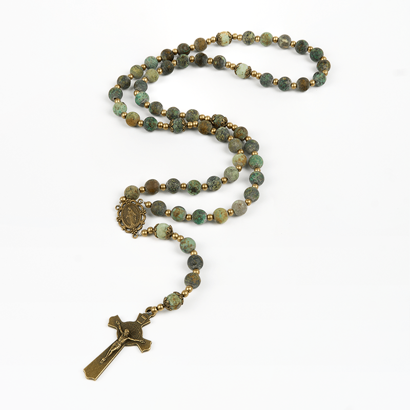 Retro Style Miraculous Medal & Crucifix of 8mm Matte African Turquoise Handmade Rosary