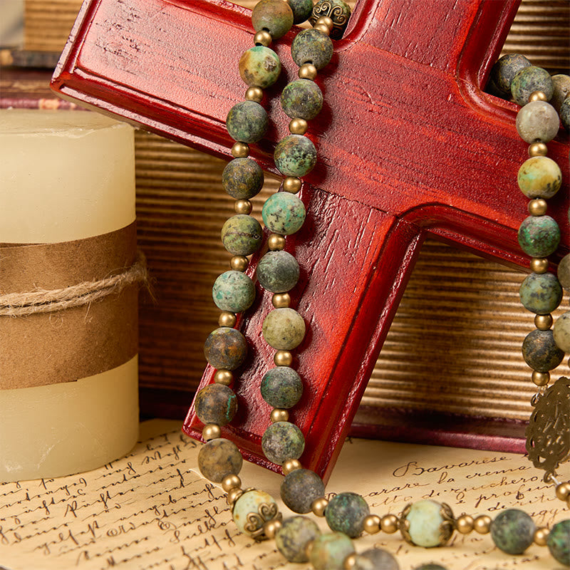 Retro Style Miraculous Medal & Crucifix of 8mm Matte African Turquoise Handmade Rosary