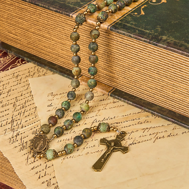 Retro Style Miraculous Medal & Crucifix of 8mm Matte African Turquoise Handmade Rosary