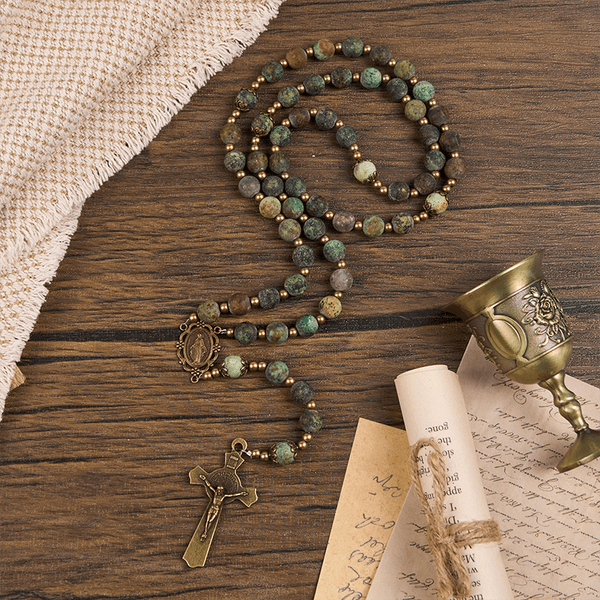 Retro Style Miraculous Medal & Crucifix of 8mm Matte African Turquoise Handmade Rosary
