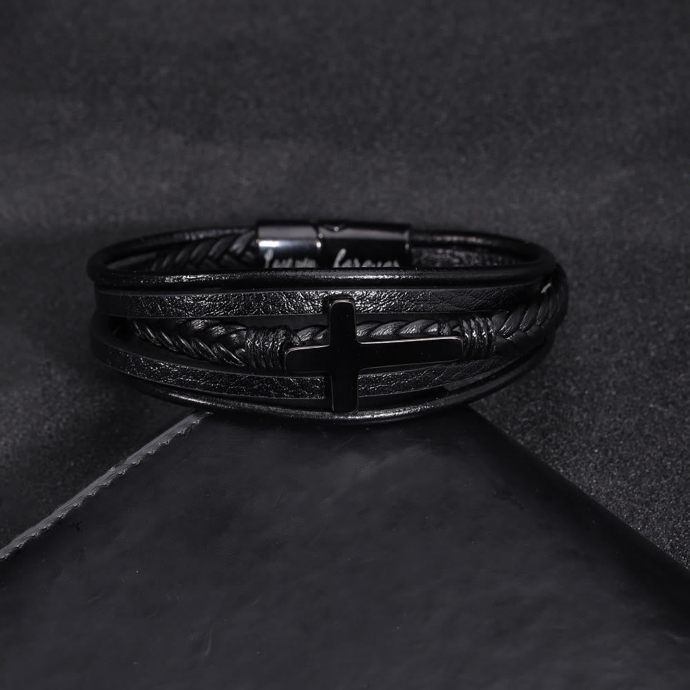 Cross of Black Leather Cuff Band Bracelet