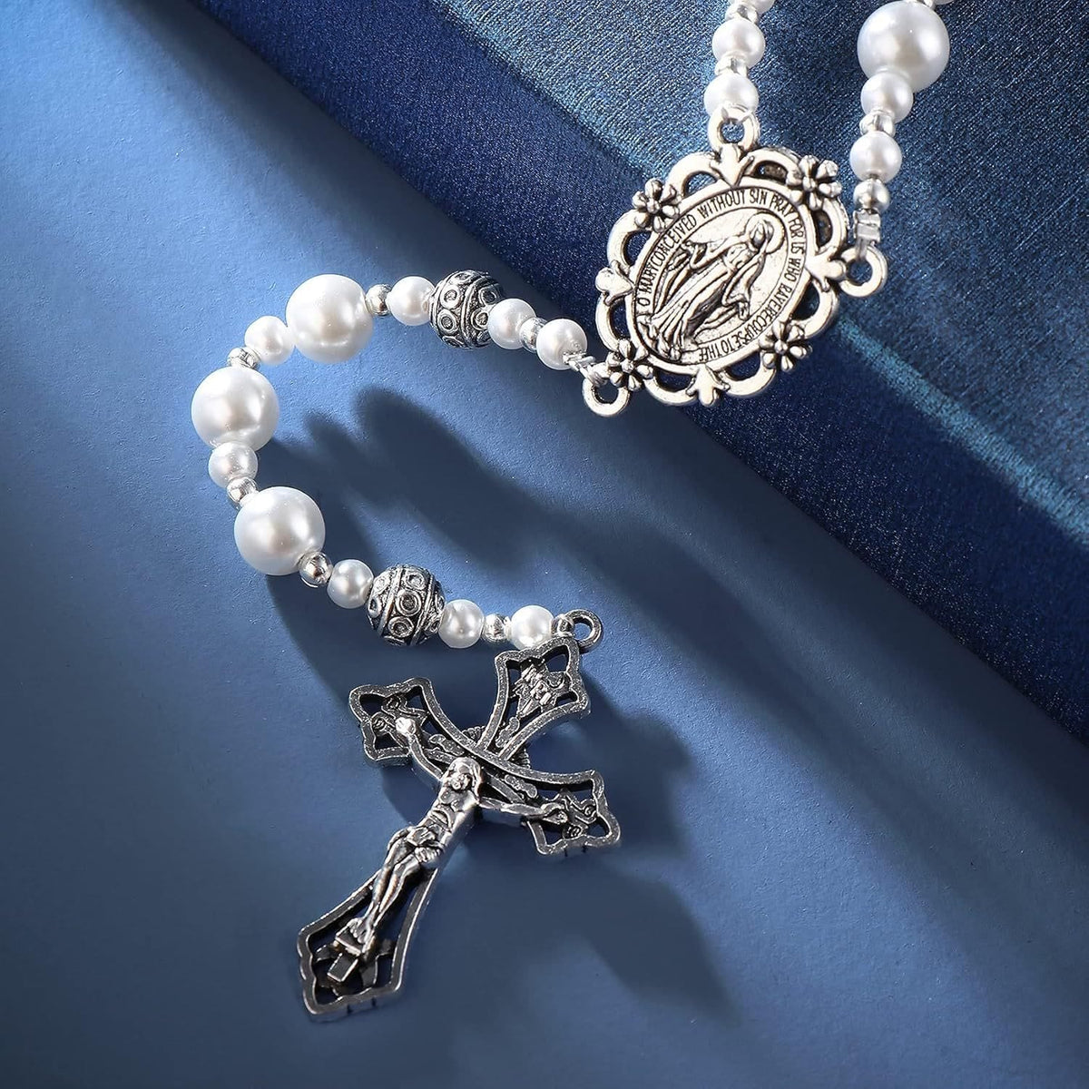 Miraculous Medal & Crucifix of 4mm White Pearl Ball Prayer Beads Rosary