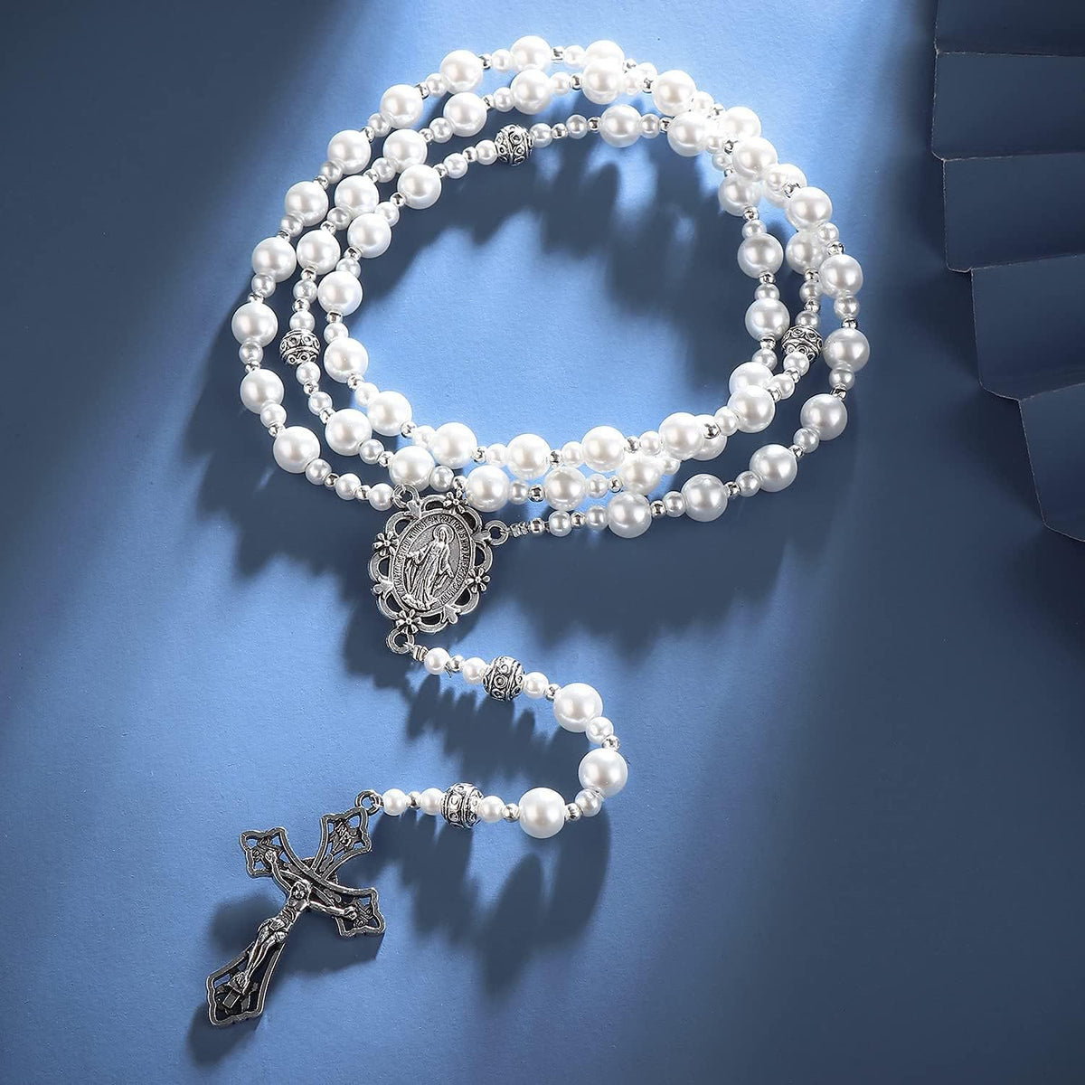 Miraculous Medal & Crucifix of 4mm White Pearl Ball Prayer Beads Rosary