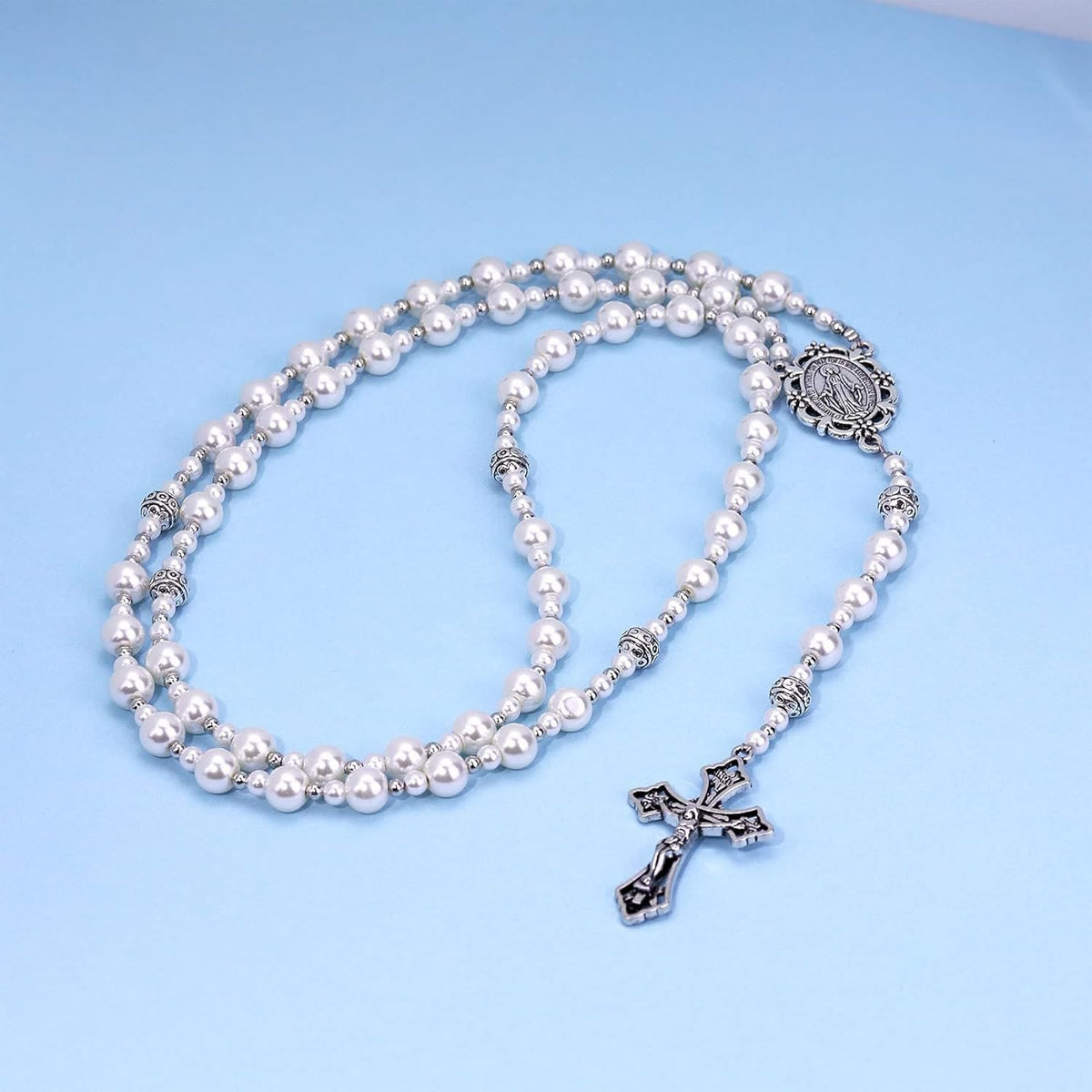 Miraculous Medal & Crucifix of 4mm White Pearl Ball Prayer Beads Rosary