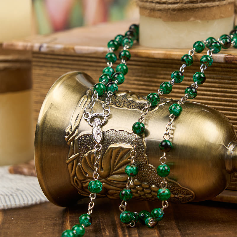 Our Lady & Crucifix of 6mm Green Pattern Glass Beads Prayer Rosary