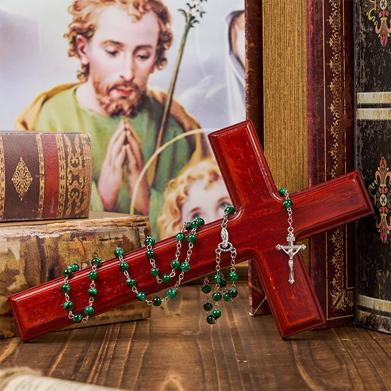 Our Lady & Crucifix of 6mm Green Pattern Glass Beads Prayer Rosary