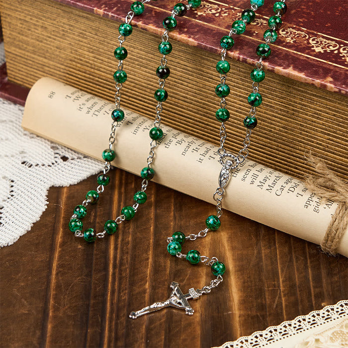 Our Lady & Crucifix of 6mm Green Pattern Glass Beads Prayer Rosary