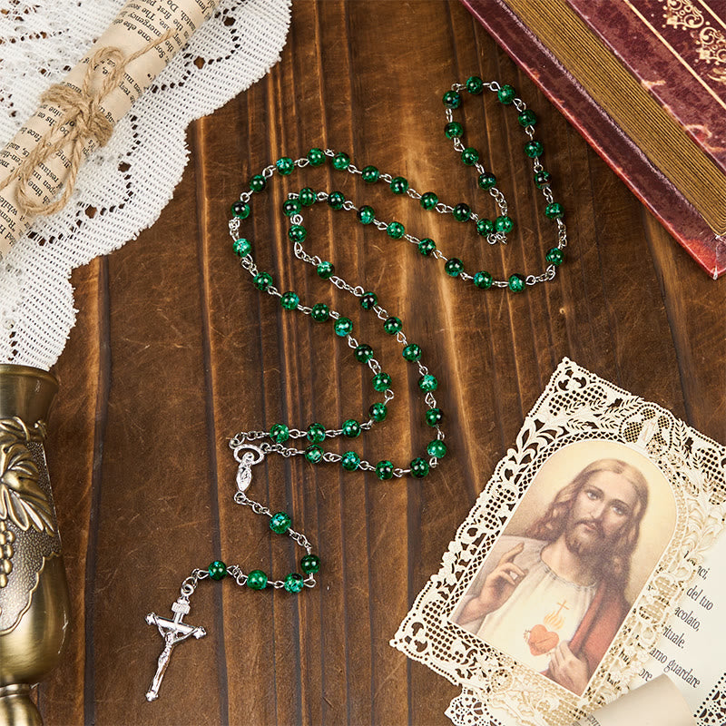 Our Lady & Crucifix of 6mm Green Pattern Glass Beads Prayer Rosary