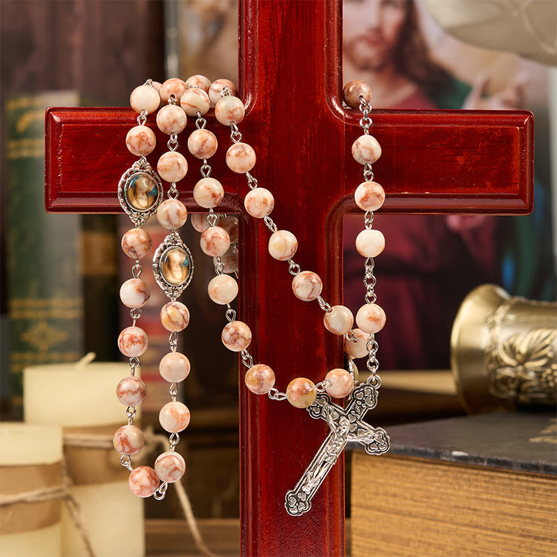 Our Lady Pray For US & Crucifix of 8mm Red Stone Prayer Beads Rosary