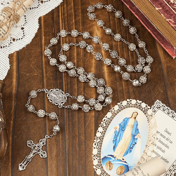 Miraculous Medal & Crucifix of 10mm Rose Prayer Beads Rosary