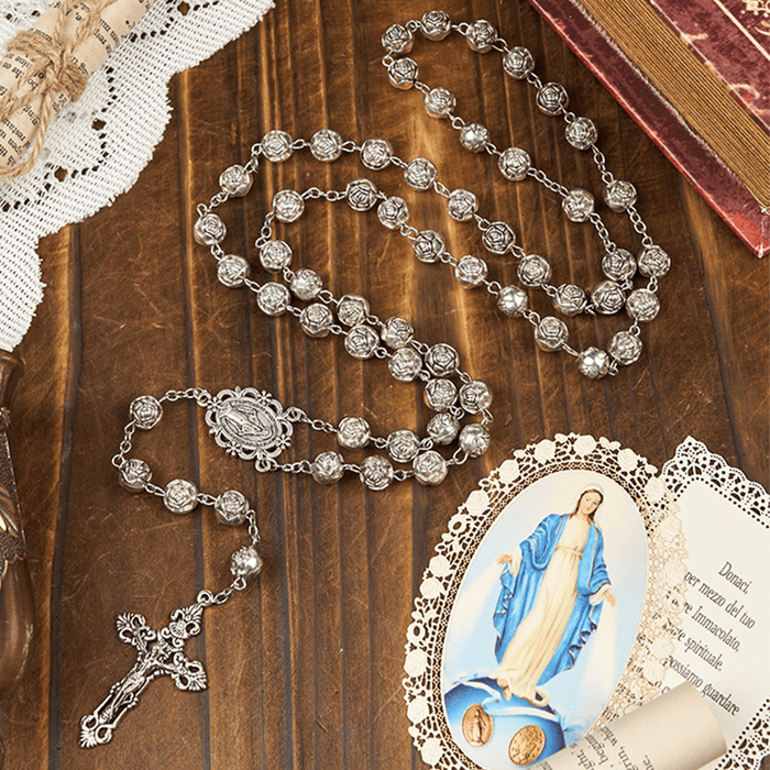 Miraculous Medal & Crucifix of 10mm Rose Prayer Beads Rosary