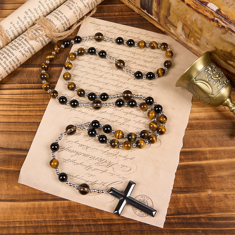 PRAYERFUL FAITH: Handmade Natural Obsidian Tiger's Eye Rosary with Gift Card