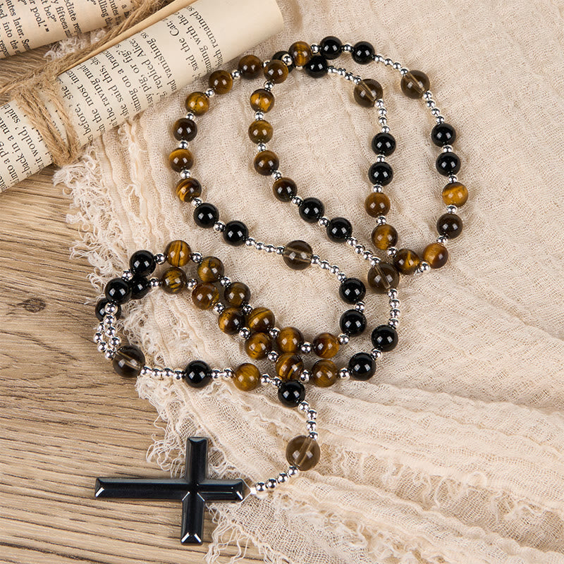 PRAYERFUL FAITH: Handmade Natural Obsidian Tiger's Eye Rosary with Gift Card