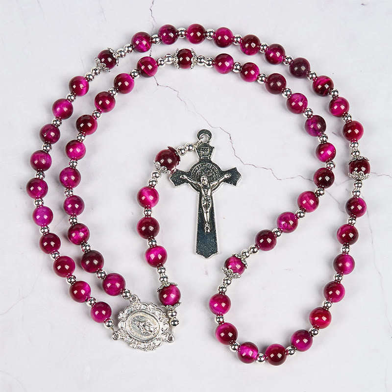 Miraculous Medal & Crucifix of 8mm Pink Tiger Eye Gemstone Beads Rosary