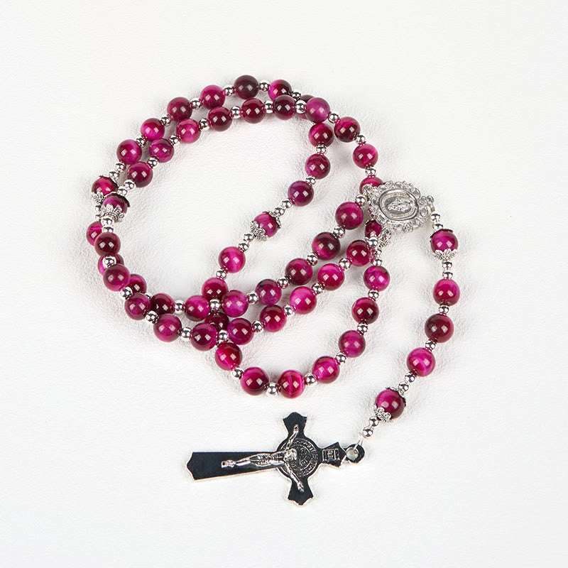 Miraculous Medal & Crucifix of 8mm Pink Tiger Eye Gemstone Beads Rosary