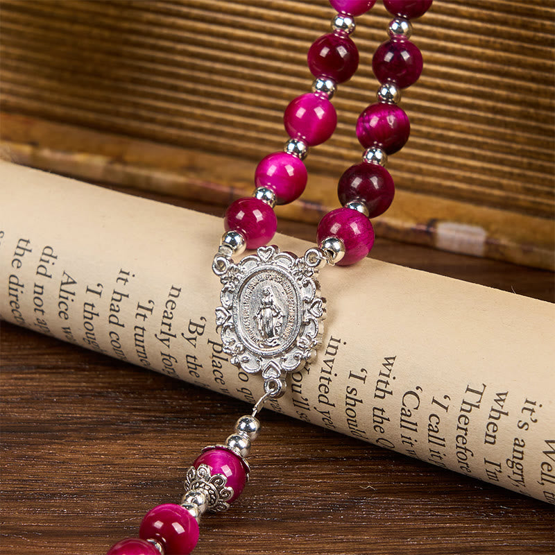 Miraculous Medal & Crucifix of 8mm Pink Tiger Eye Gemstone Beads Rosary