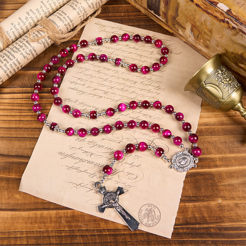 Miraculous Medal & Crucifix of 8mm Pink Tiger Eye Gemstone Beads Rosary