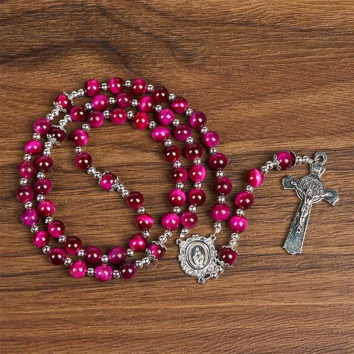 Miraculous Medal & Crucifix of 8mm Pink Tiger Eye Gemstone Beads Rosary