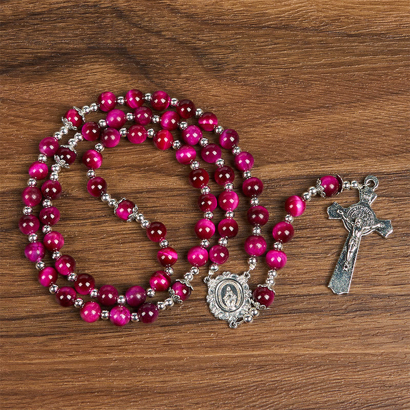 Miraculous Medal & Crucifix of 8mm Pink Tiger Eye Gemstone Beads Rosary