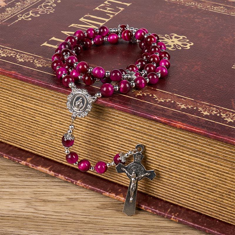 Miraculous Medal & Crucifix of 8mm Pink Tiger Eye Gemstone Beads Rosary