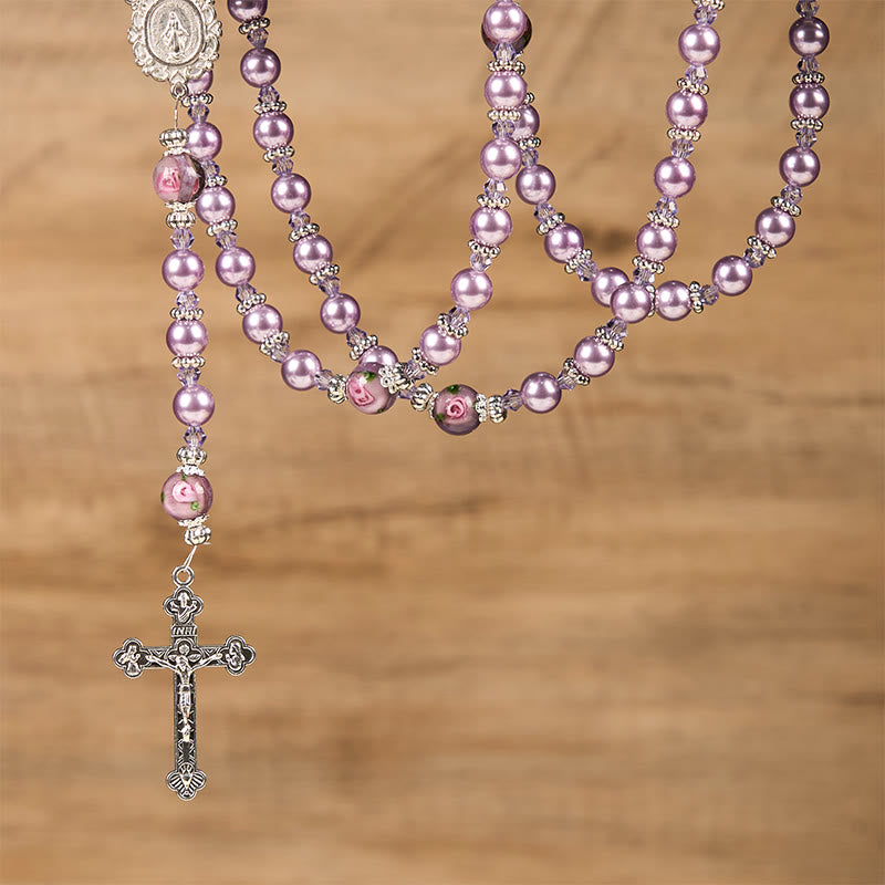 Miraculous Medal & Crucifix 8mm Purple Pearl & Crystal Handmade Rosary - Sacred Beads for Holy Prayer