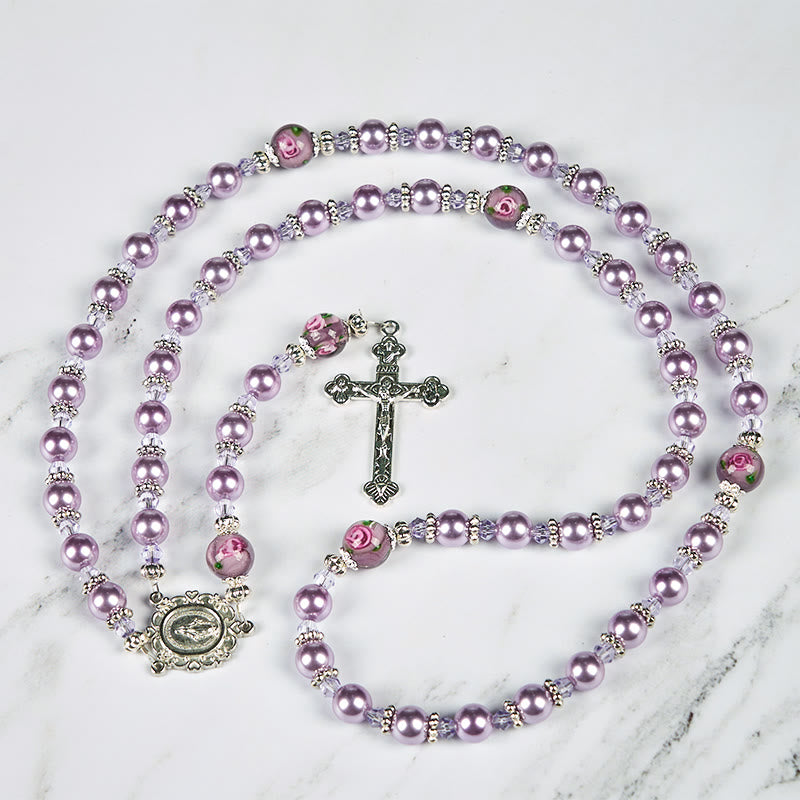 Miraculous Medal & Crucifix 8mm Purple Pearl & Crystal Handmade Rosary - Sacred Beads for Holy Prayer